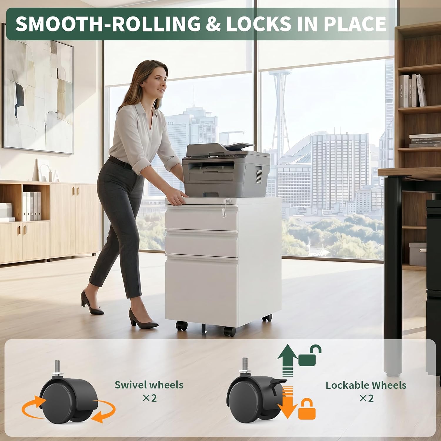 Detalle de TEEALUBAN yr032 3-Drawer White Rolling File Cabinet with Lock