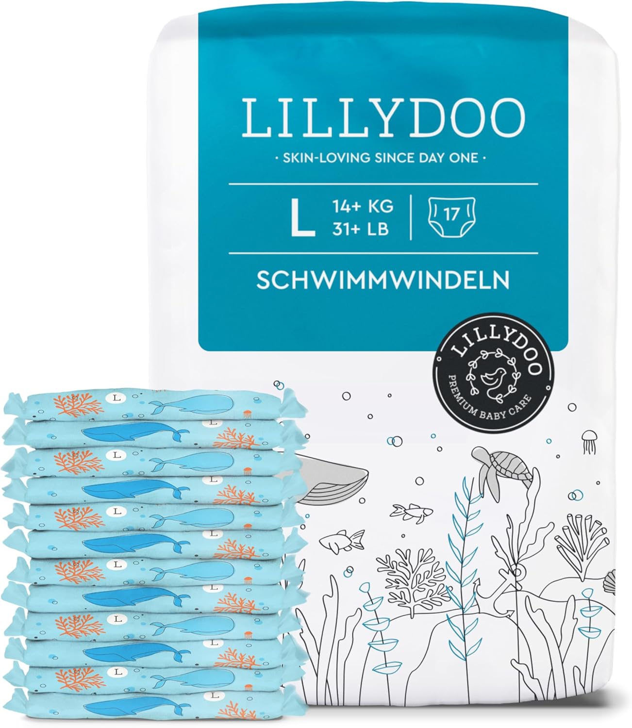 Detalle de LILLYDOO hautfreundliche Einweg-Schwimmwindeln Größe L (14+ kg), 17 Stück – Blue Whales Swim Deep