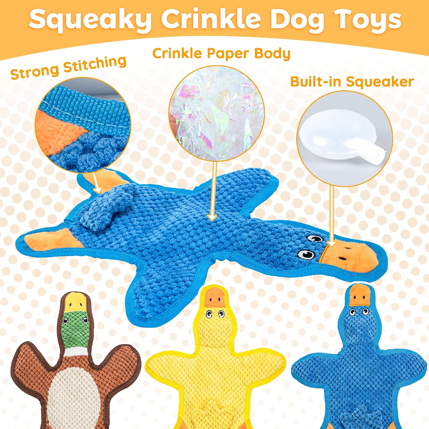 Detalle de Duck squeaky dog toys 3 pack with crinkle