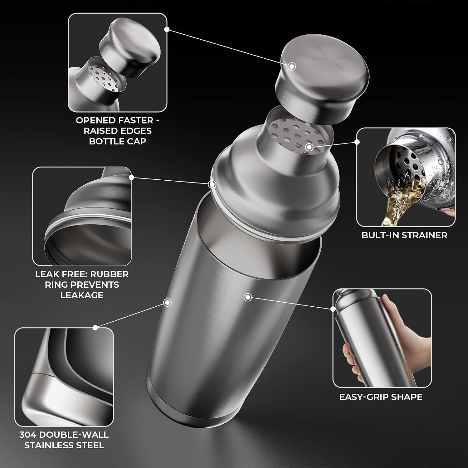 Detalle de YARRAMATE CSS-02-Silver Cocktail Shaker Set, 700 ml Insulated Stainless Steel