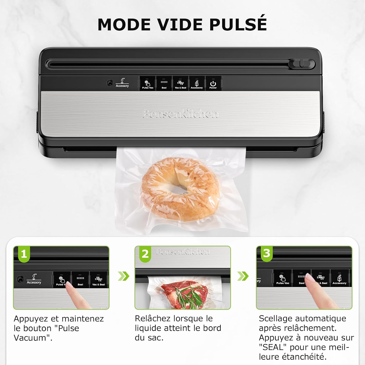 Detalle 2 de Bonsenkitchen VS3016 machine sous vide 50 sacs đ„«