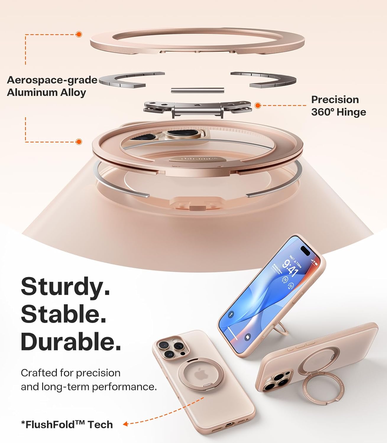 Detalle de TORRAS 360 Magnetic Stand for iPhone 16 Pro Max Case with SnapLock MagSafe, Desert Titanium