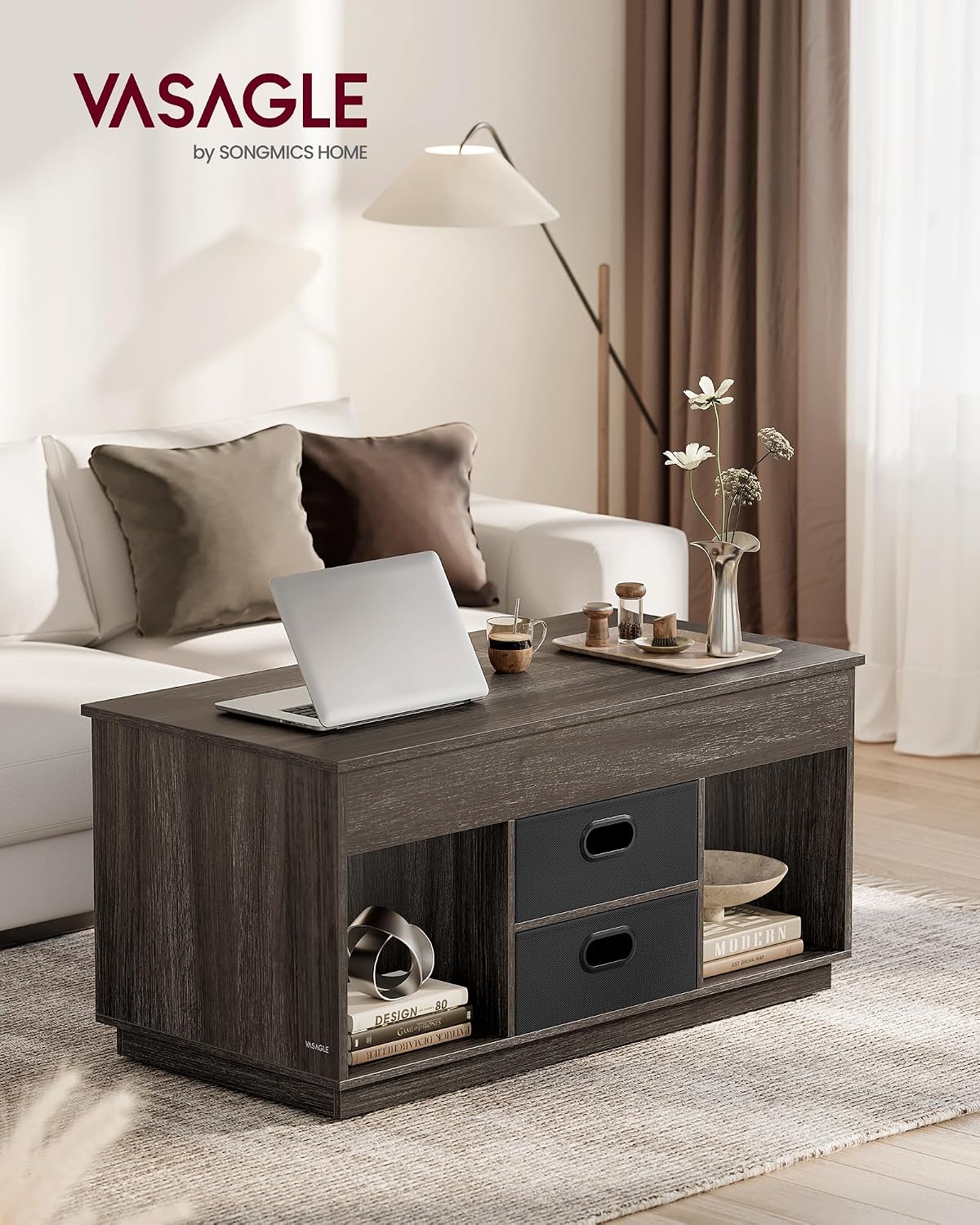 Detalle 2 de VASAGLE LCT210K02 Lift-Top Coffee Table, Ash Brown, 2 Drawers