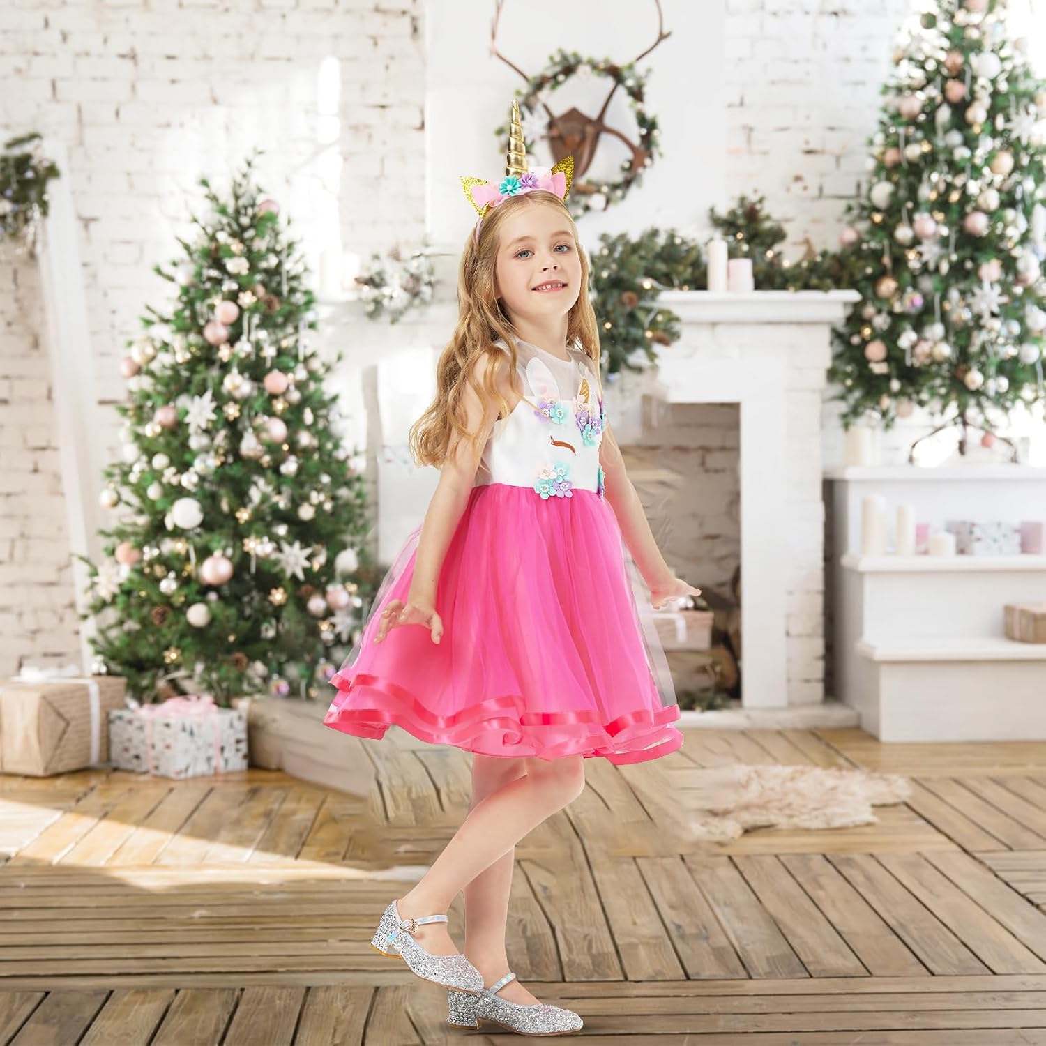 Detalle de URAQT Vestito da principessa per bambina con collana e fascia – unicorno e arcobaleno, per cosplay e feste
