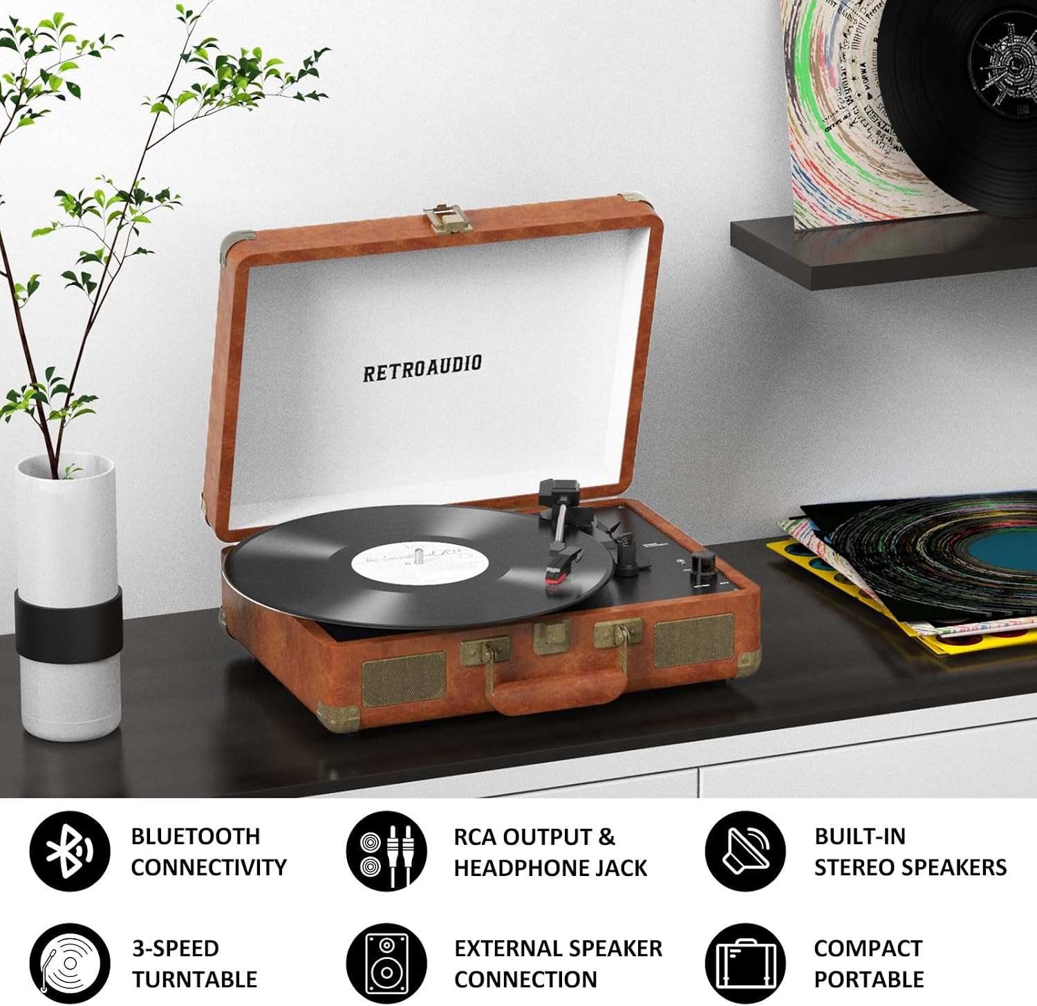 Detalle de RetroAudio JM-101 3-Speed Suitcase Record Player with Bluetooth, Brown