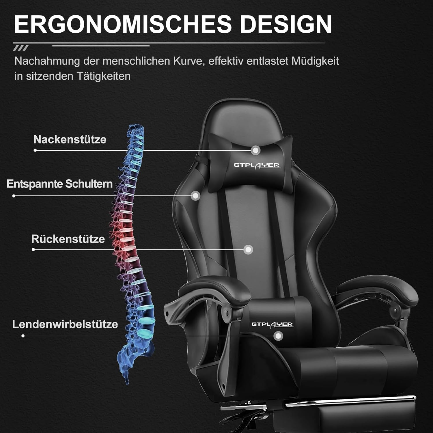 Thumbnail 2 de GTPLAYER Gaming-Bürostuhl mit Massage-Lendenkissen, Kopfstütze und Fußstütze (bis 150 kg) – schwarz