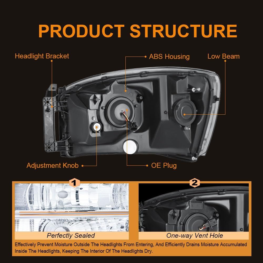 Thumbnail 3 de DimFlux LED DRL Headlights for Dodge Ram 1500 (2006-2008) and Ram 2500/3500 (2006-2009) — Black Housing, Amber Reflector