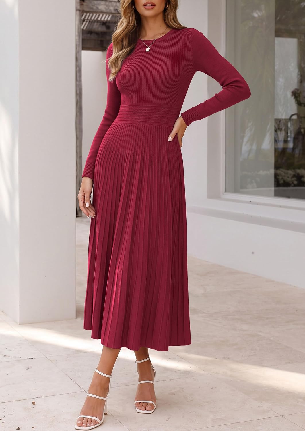 Thumbnail 6 de PRETTYGARDEN Women's Long-Sleeve Knit Sweater Dress, Pleated A-Line