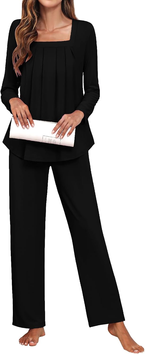 Detalle 2 de Tencede Women's Two-Piece Pajama Set, Long Sleeves, Square Neck and Pockets