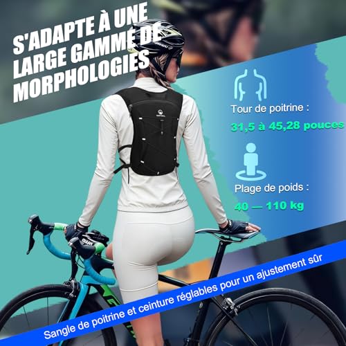 Detalle 2 de ONETOALL Gilet Hydratation Running Femme Réfléchissant avec Flasque 500 ML et LED – Version légère pour Marathon et Trail