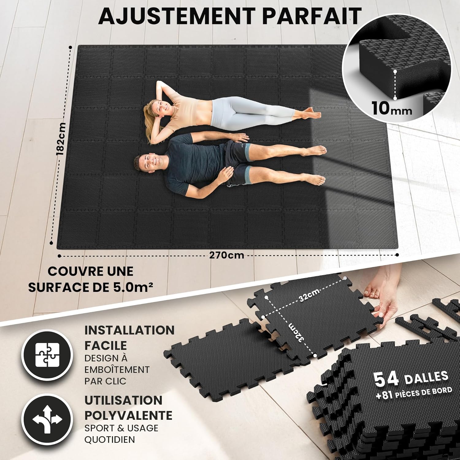 Thumbnail 1 de BeMaxx tapis de fitness Protection de Sol en dalles mousse EVA sans BPA avec bordures (tapis puzzle tatami)