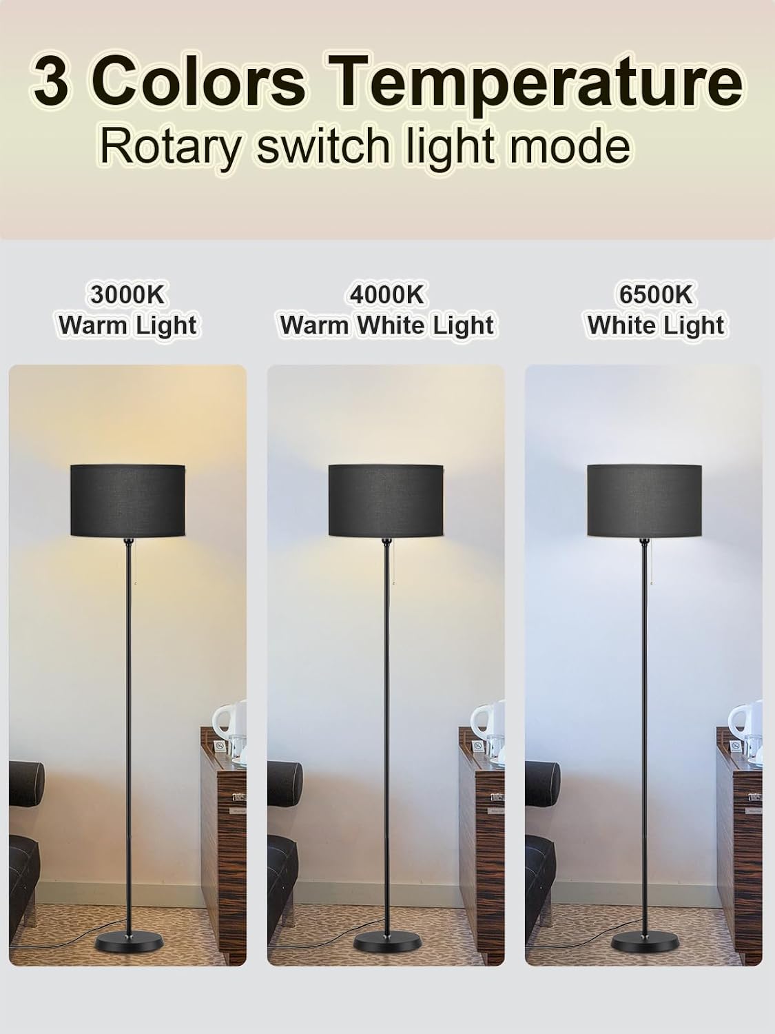 Detalle de AoMck AM33-B Farmhouse Floor Lamp with Black Linen Shade and 3-Colour LED