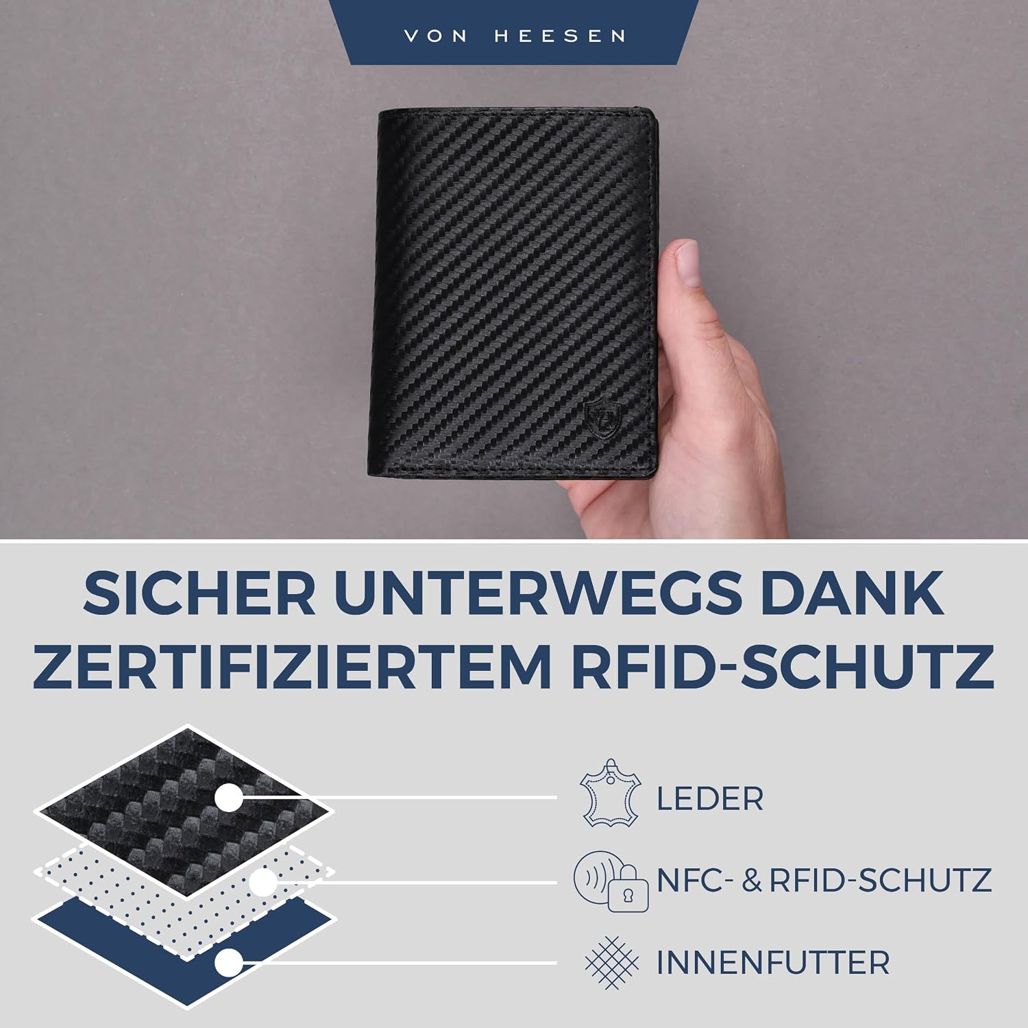 Detalle 1 de VON HEESEN Herren-Leder-Geldbörse Carbon-Schwarz mit RFID-Schutz