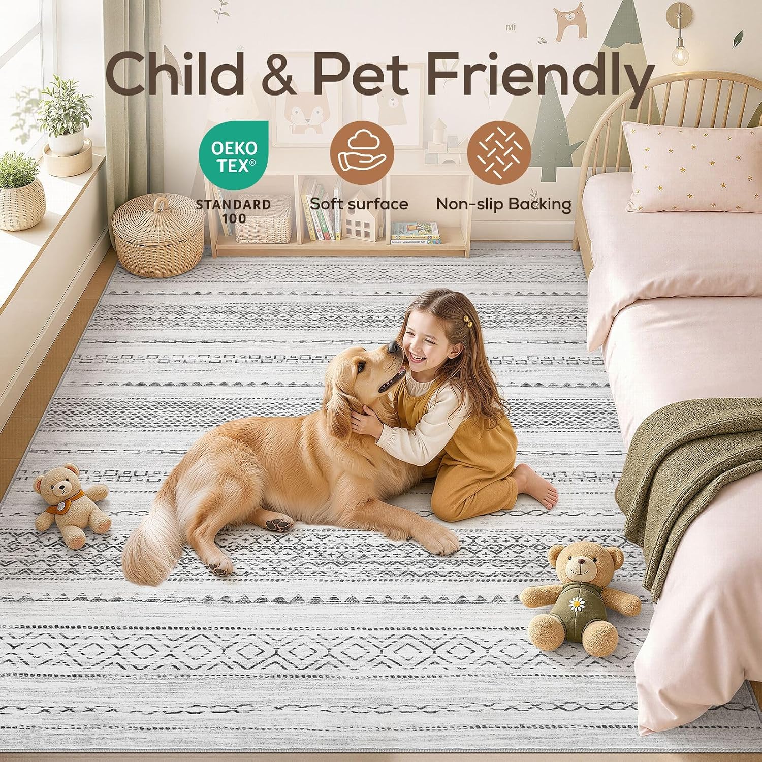 Thumbnail 3 de Nakagishi 9x12 Area Rug: Washable Boho Grey, Non-Slip, Stain-Resistant