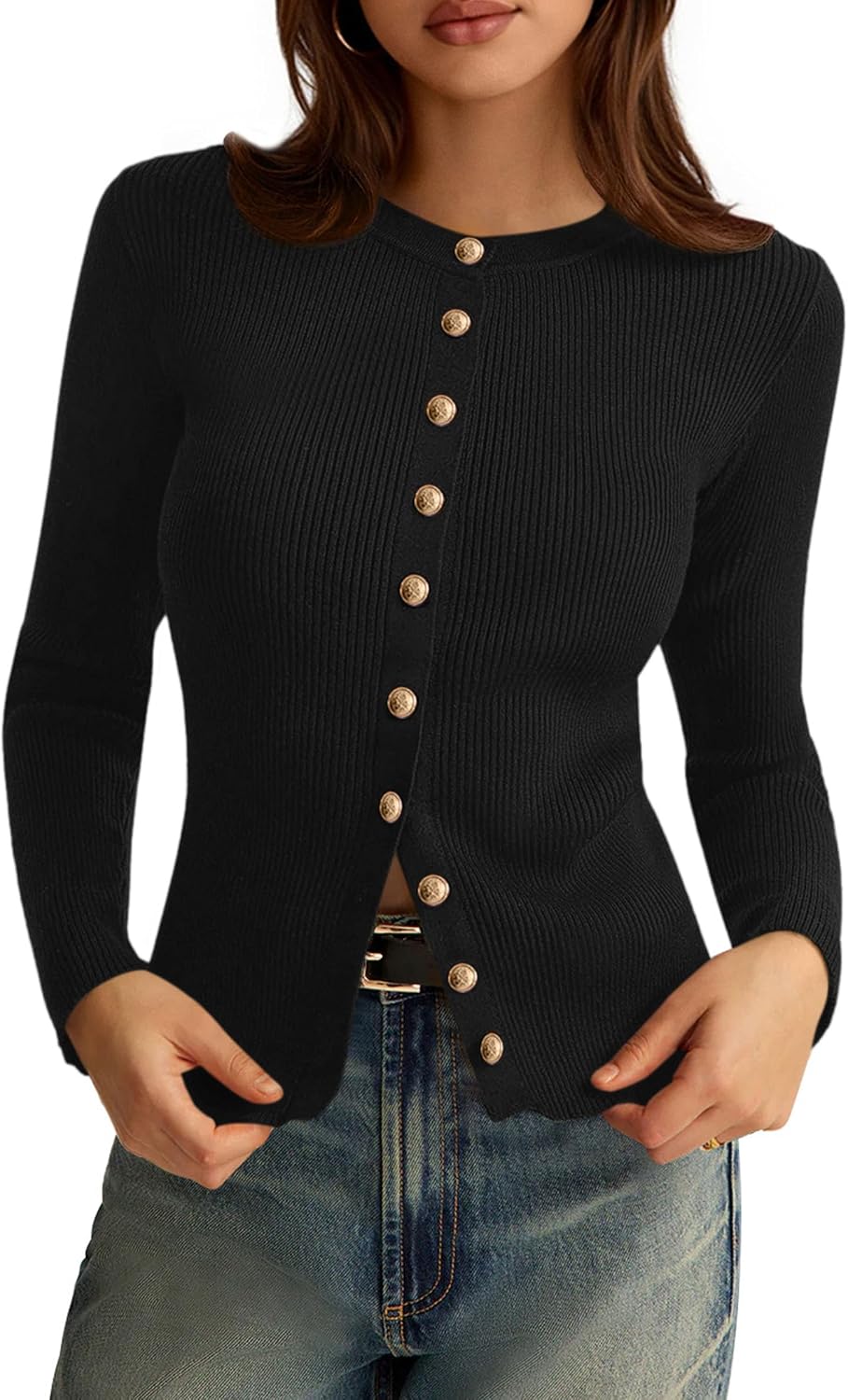 Detalle de PRETTYGARDEN 2026 Ribbed Button-Up Cardigan Sweater