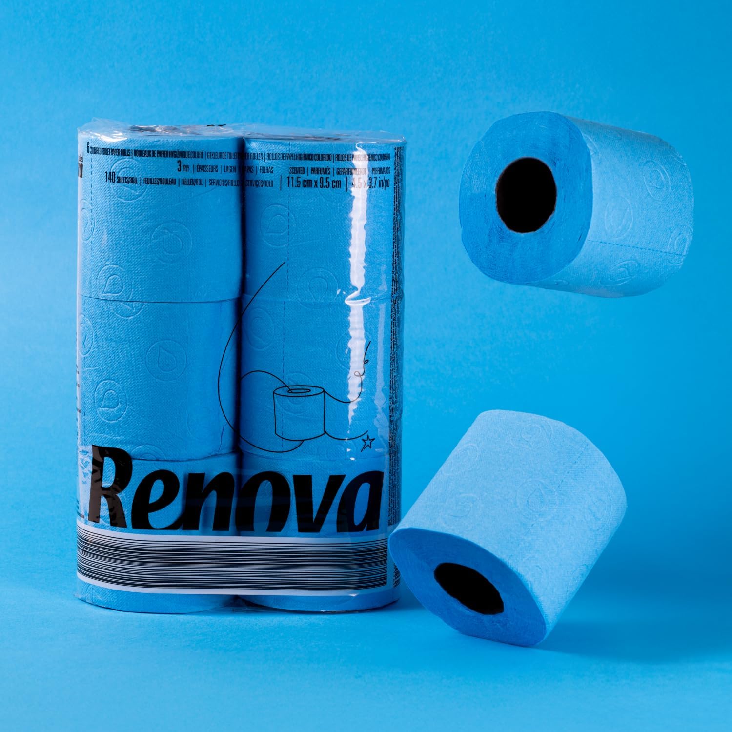 Detalle de Renova Black Label Bleu – Papier Hygiénique 3 plis coloré à double face, 6 rouleaux