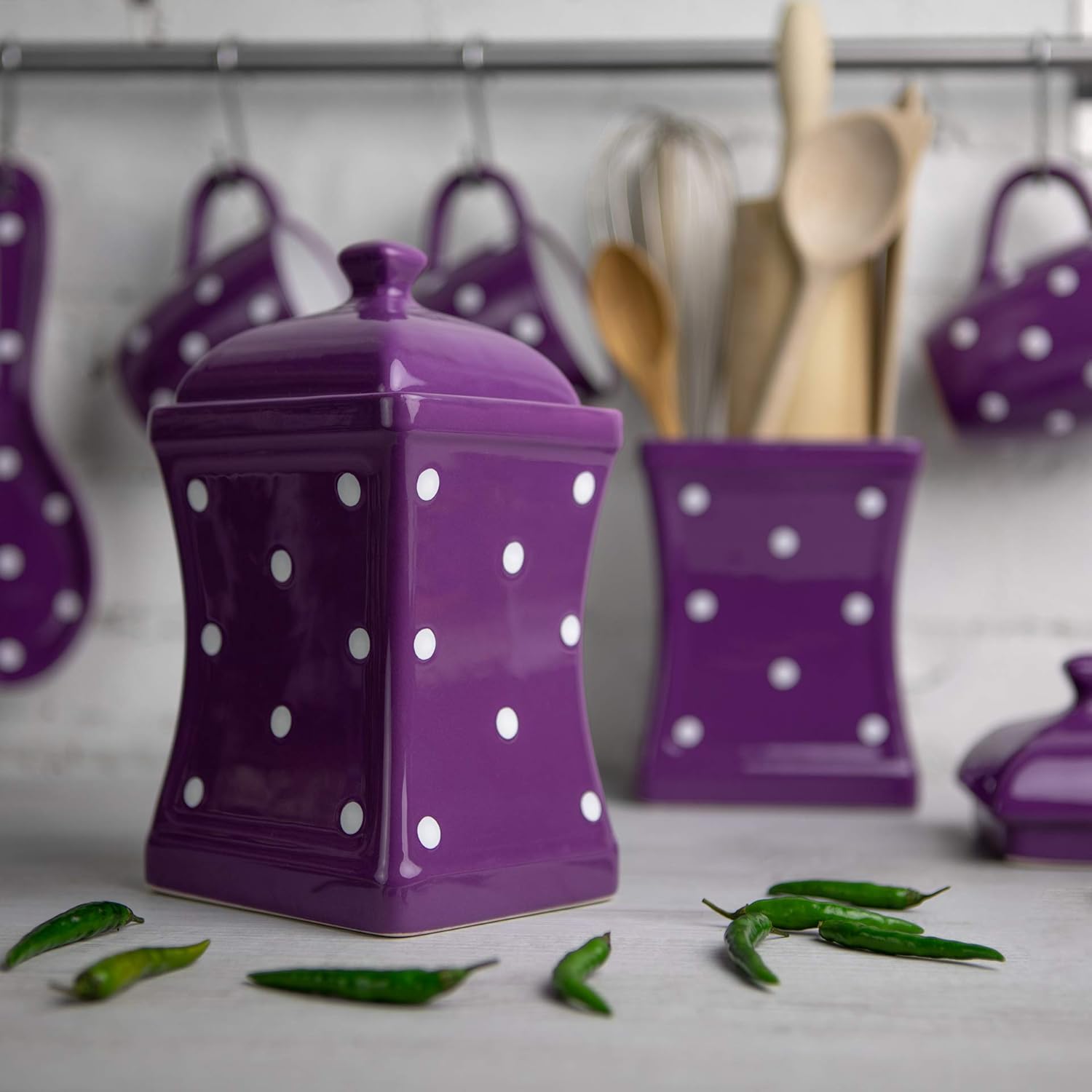 Detalle de City to Cottage Purple and White Polka Dot Spotty Ceramic Canister, 900ml