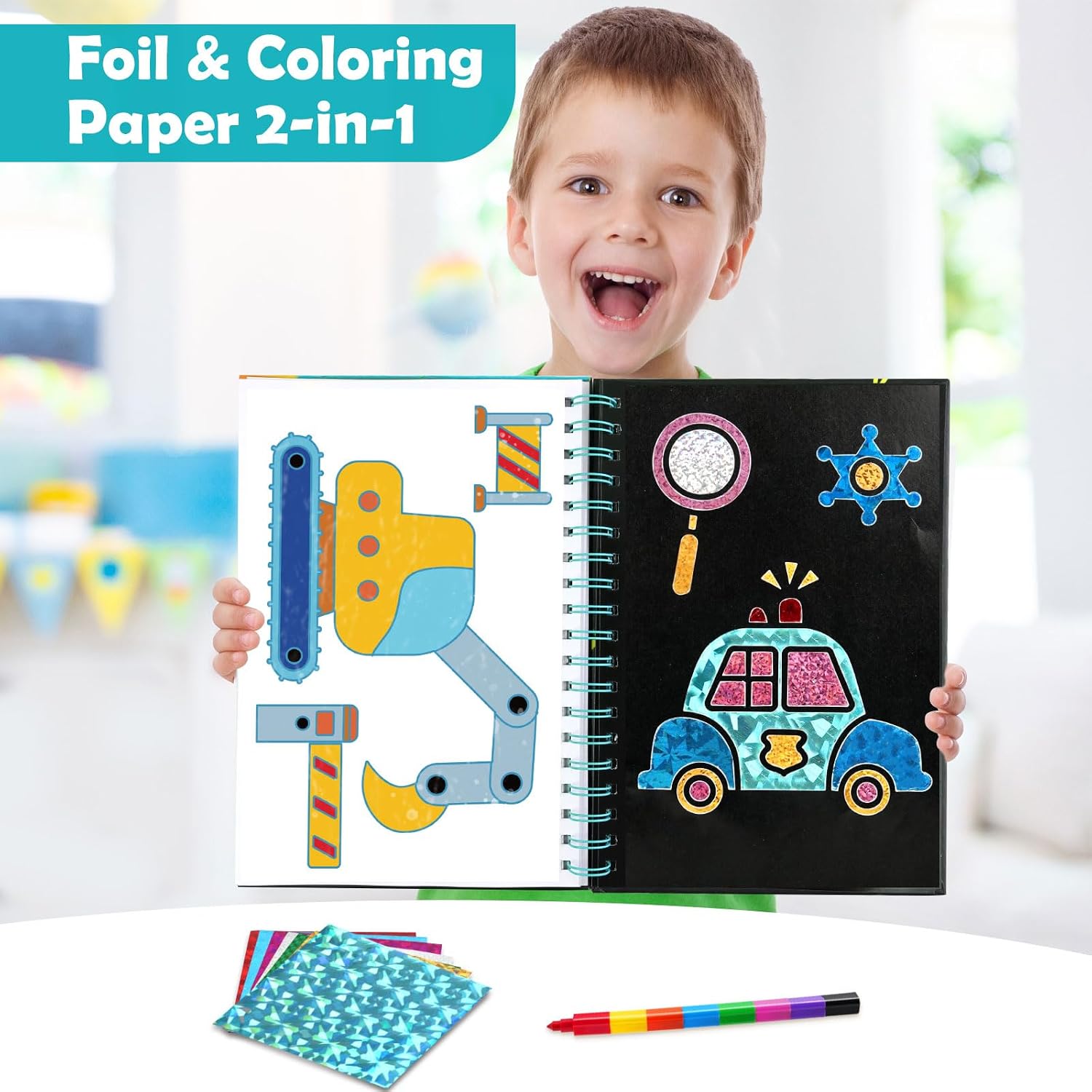 Detalle de LIKYMO Foil Art for Kids (Vehicles) – Foil Craft Book DIY set for ages 4–9