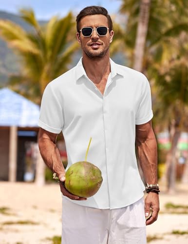 Detalle 2 de COOFANDY Herren Leinen Kurzarm Hemd Button-Down, A-Weiss, Größe L