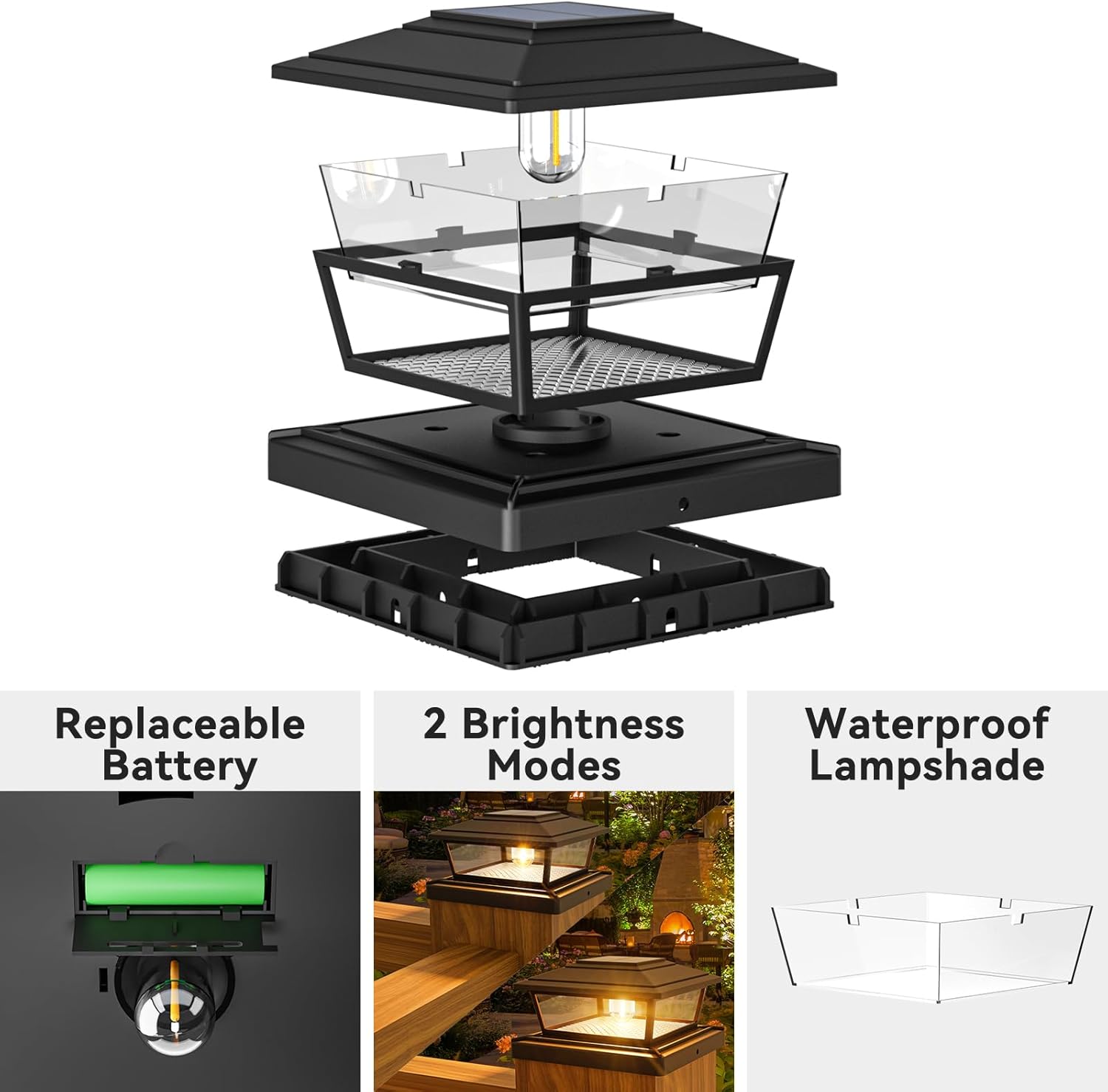 Thumbnail 5 de btfarm 2 Pack Solar Post Lights Outdoor Garden – 2 Modes, IP65 Waterproof, Square Post Cap Lamps