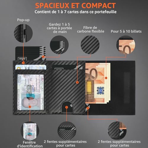 Detalle de TEEHON Portefeuille Homme en Fibre de Carbone – Portefeuille RFID anti-piratage avec blocage magnétique et compartiments pour billets et monnaie