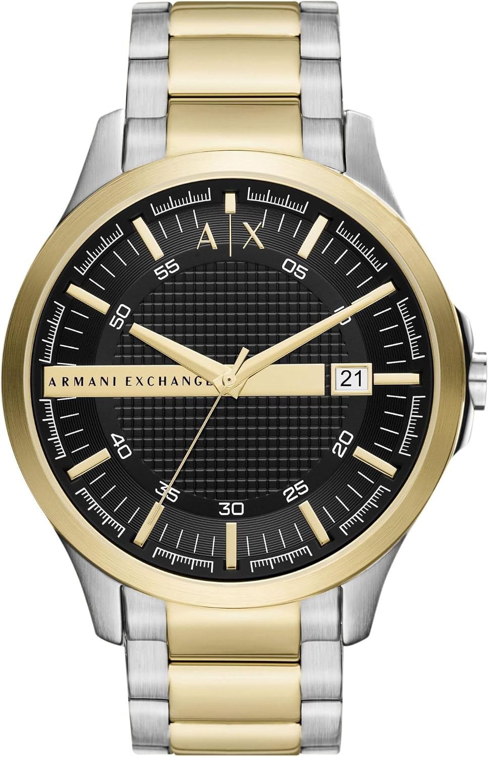 Detalle de Armani Exchange Montre pour Hommes – Mouvement Date à Trois Aiguilles, Ø46 mm, Bracelet acier inoxydable bicolore