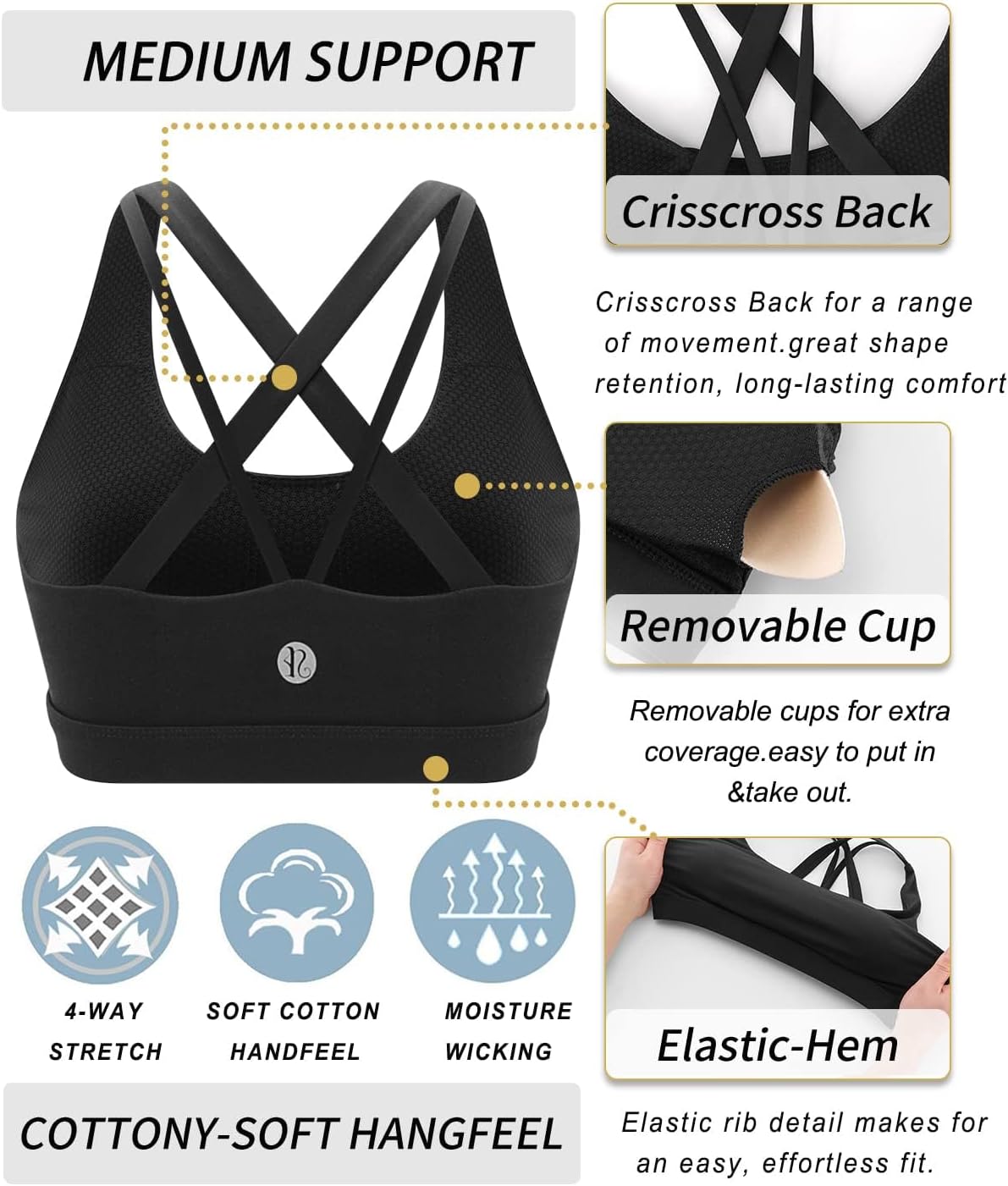 Detalle de RUNNING GIRL Strappy Sports Bra for Women: Medium-Support, Removable Cups, Criss-Cross Back