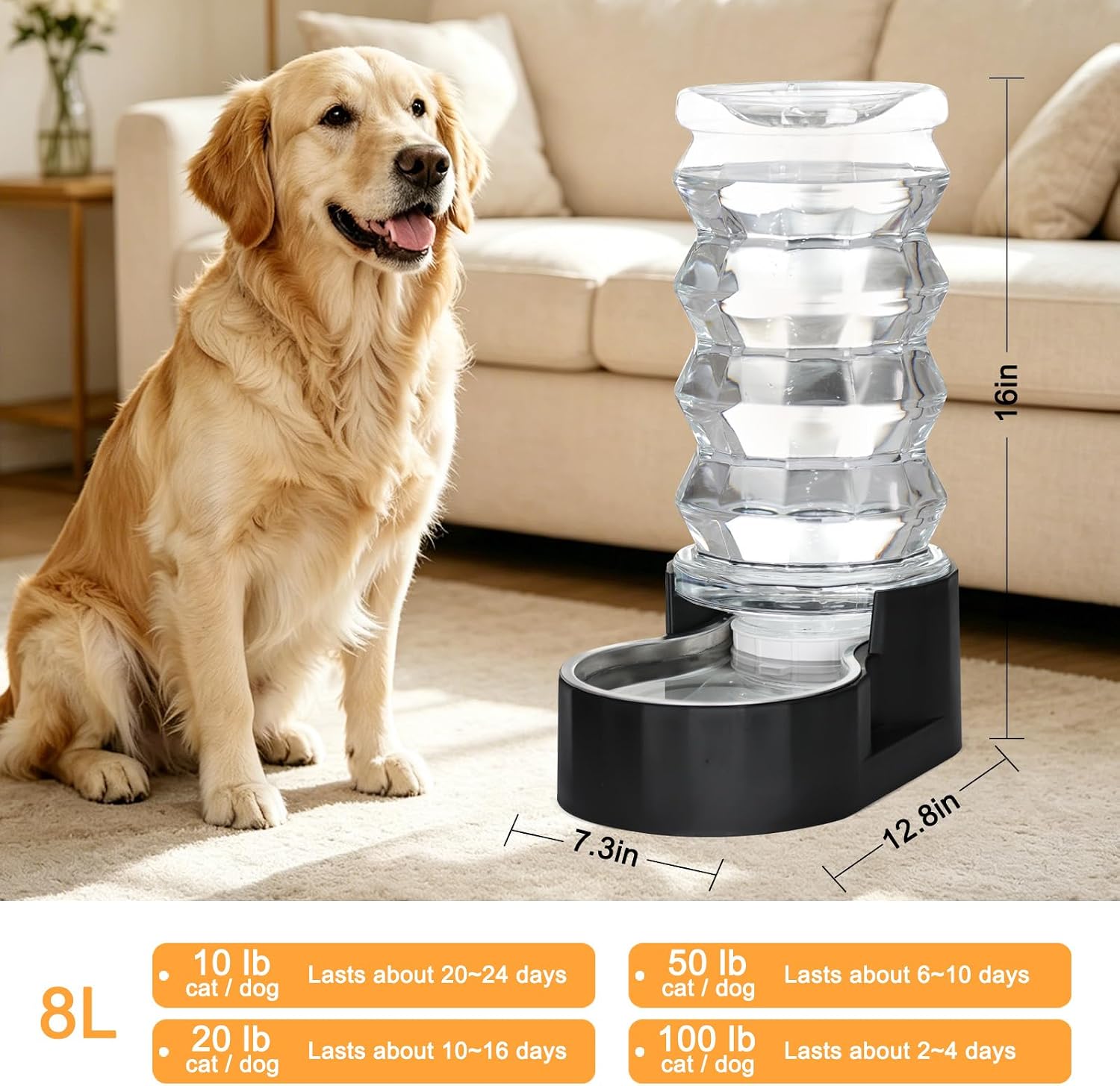 Thumbnail 1 de RIZZARI pet feeder 8L Gravity-Fed Dog Water Dispenser with Stainless Steel Bowl