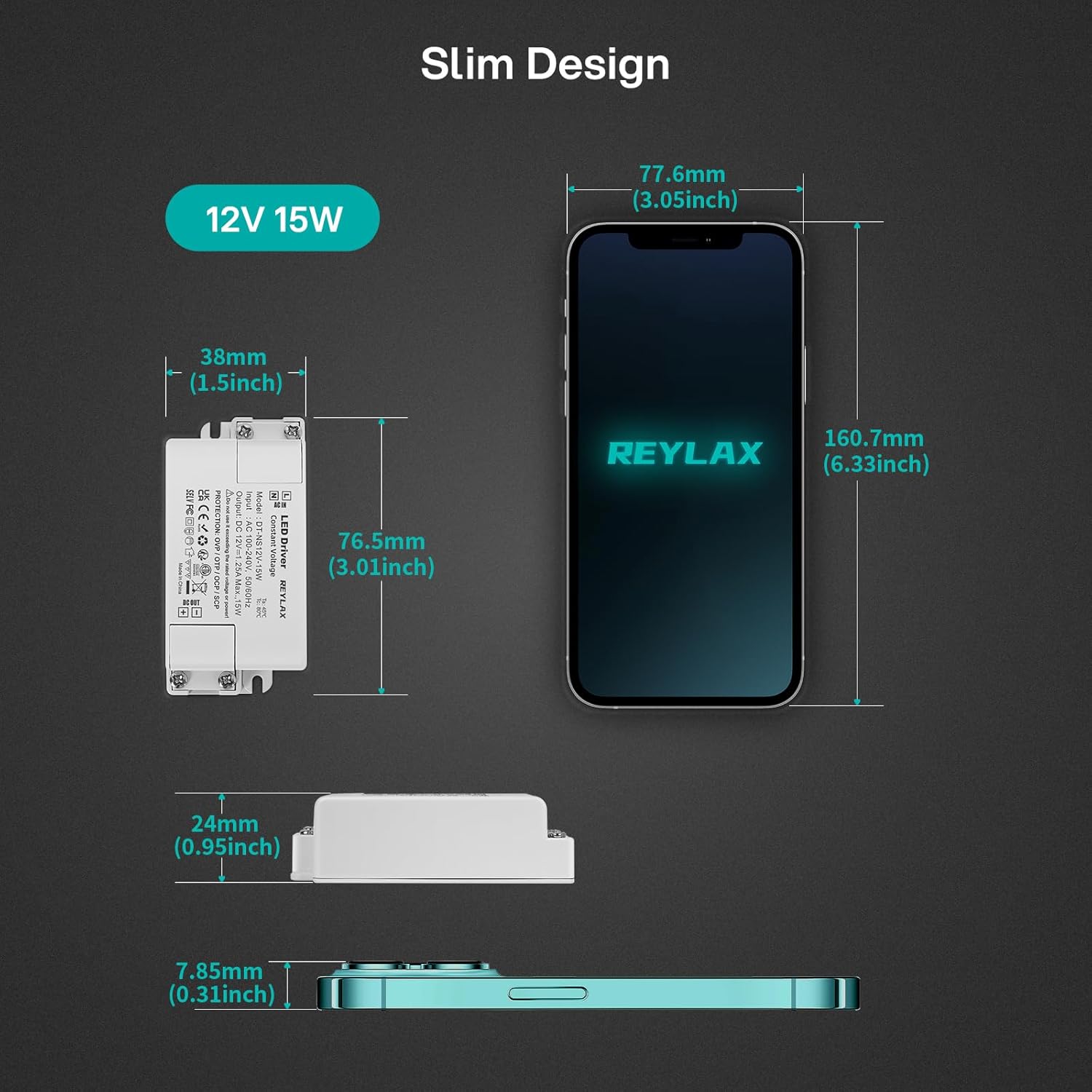 Detalle de REYLAX 12V LED Driver 15W 1.25A — Compact Constant Voltage Power Supply