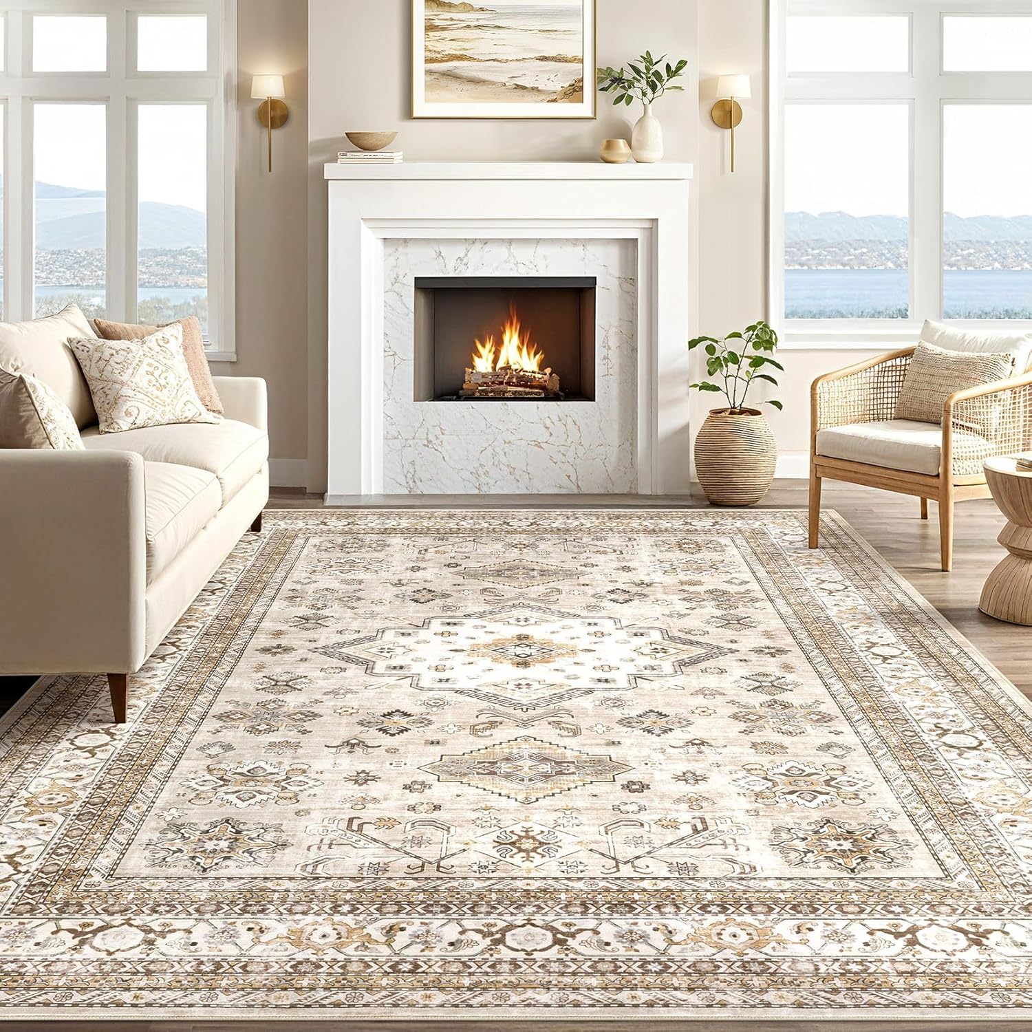 Thumbnail 5 de Vintage Living Room Area Rug 5x7 (Beige) — Soft Washable Traditional Oriental Distressed Farmhouse Carpet