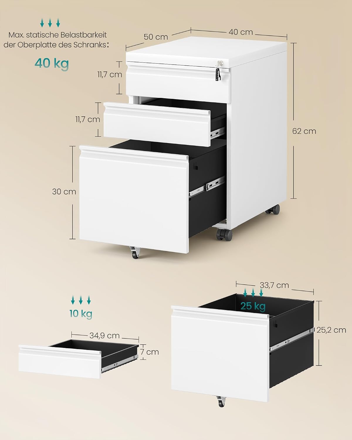 Detalle de SONGMICS OFC033W101 Büroschrank mit 3 Schubladen, Stahlgestell, mattweiß – Rollcontainer mit Druckerhalter