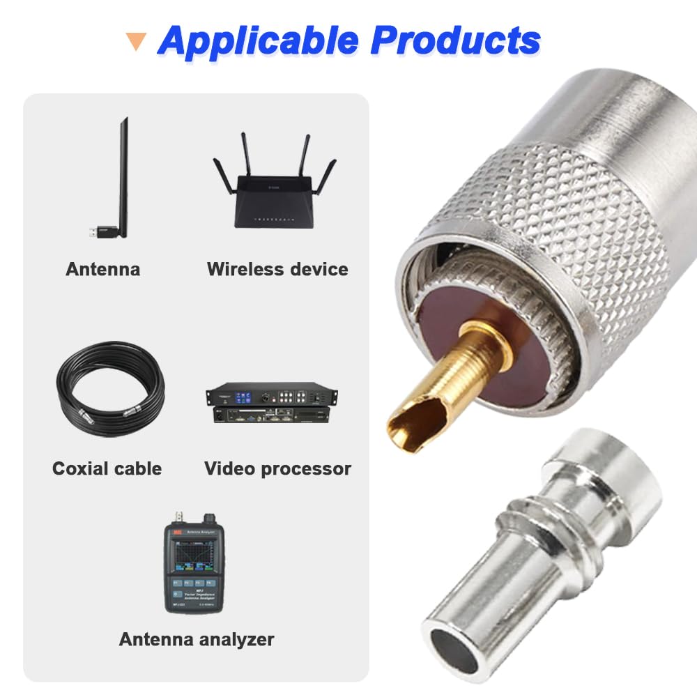 Thumbnail 3 de Xiatiaosann PL-259 UHF Connectors Pack (6) for Coaxial Cables – 50Ω, Gold Contacts, Teflon Insulator