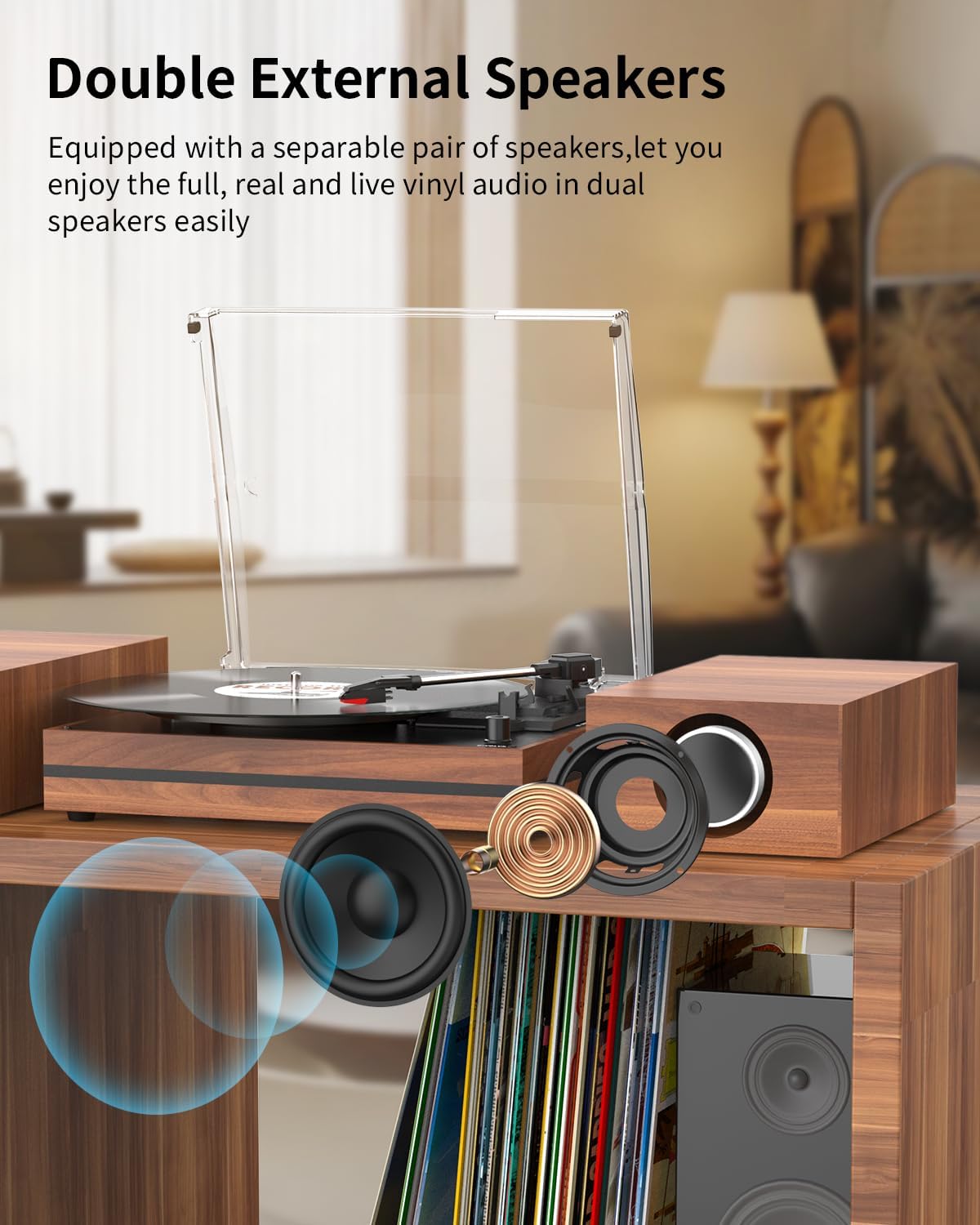 Detalle de Vintage Belt-Drive Record Player with Dual External Speakers (3 Speed, Wood Red)