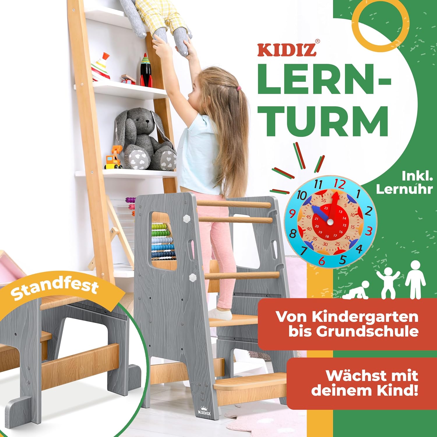 Thumbnail 1 de KIDIZ Lernturm für Kinder ab 1 Jahr inkl. Lernuhr – höhenverstellbarer Montessori Learning Tower aus Kiefernholz