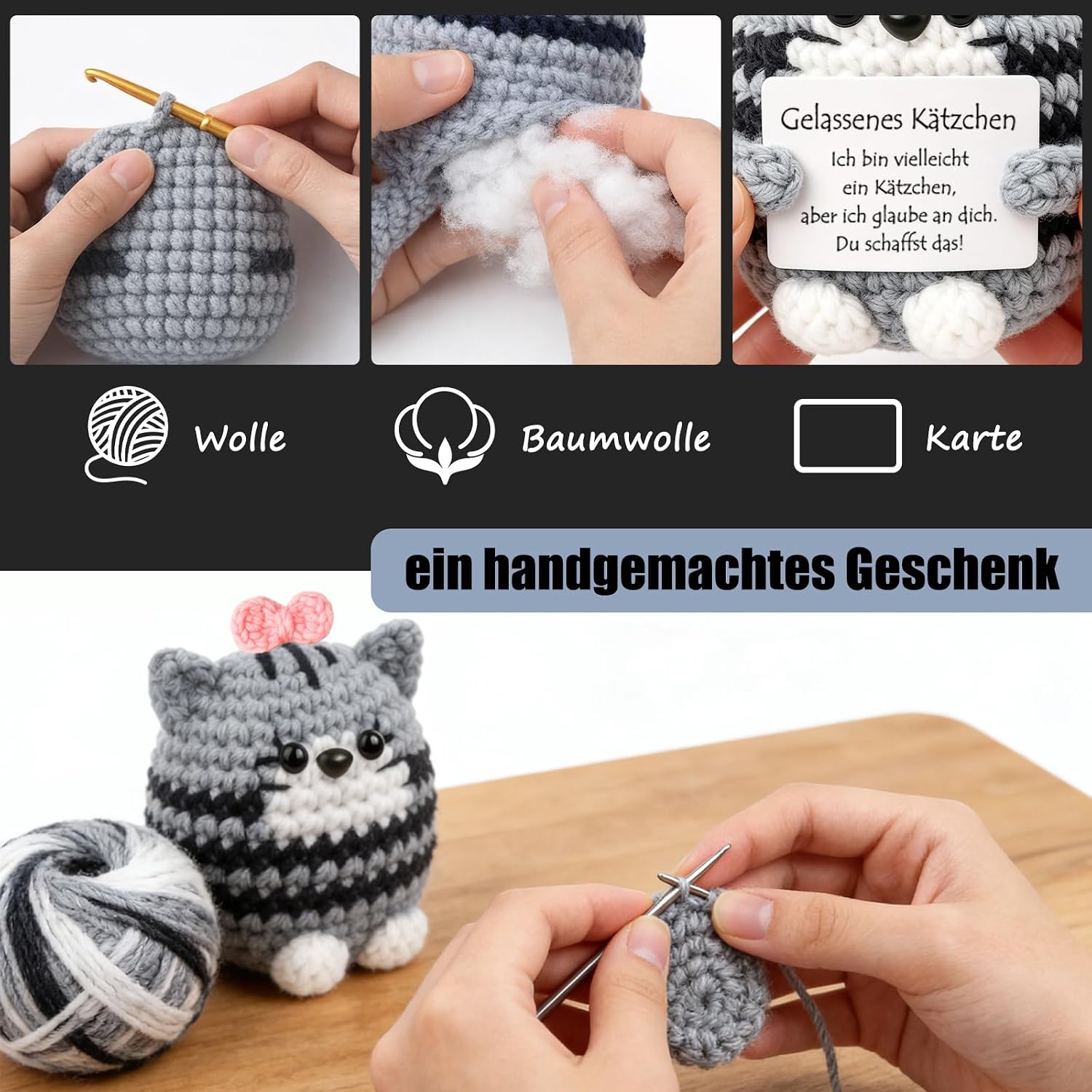 Detalle de Tixlux Pocket Hug Positive Katze – handgefertigte Strick-Katzen Dekofigur mit Glücksbringer für Mitbringsel