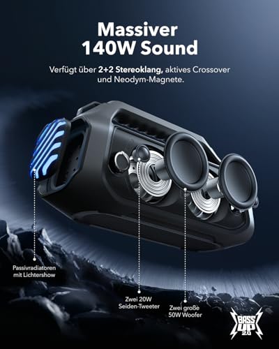 Detalle de Soundcore by Anker Boom 2 Plus – Outdoor-Lautsprecher mit 140 W, 2+2 Stereoklang, IPX7