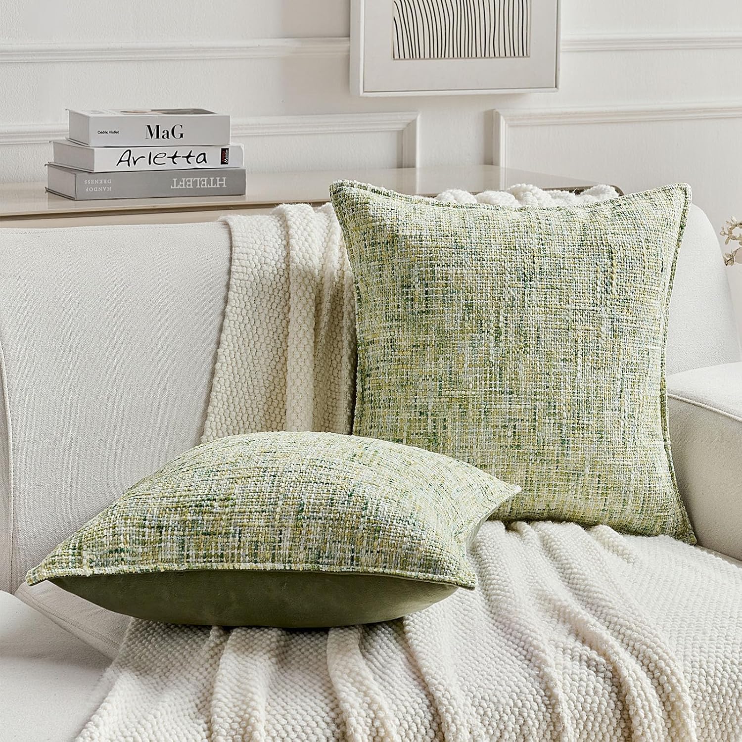Thumbnail 2 de Lot de 2 Housses de Coussin 60x60 cm Chenille et Velours – Vert, Finition Cœur, Zentel pour Canapé et Chambre