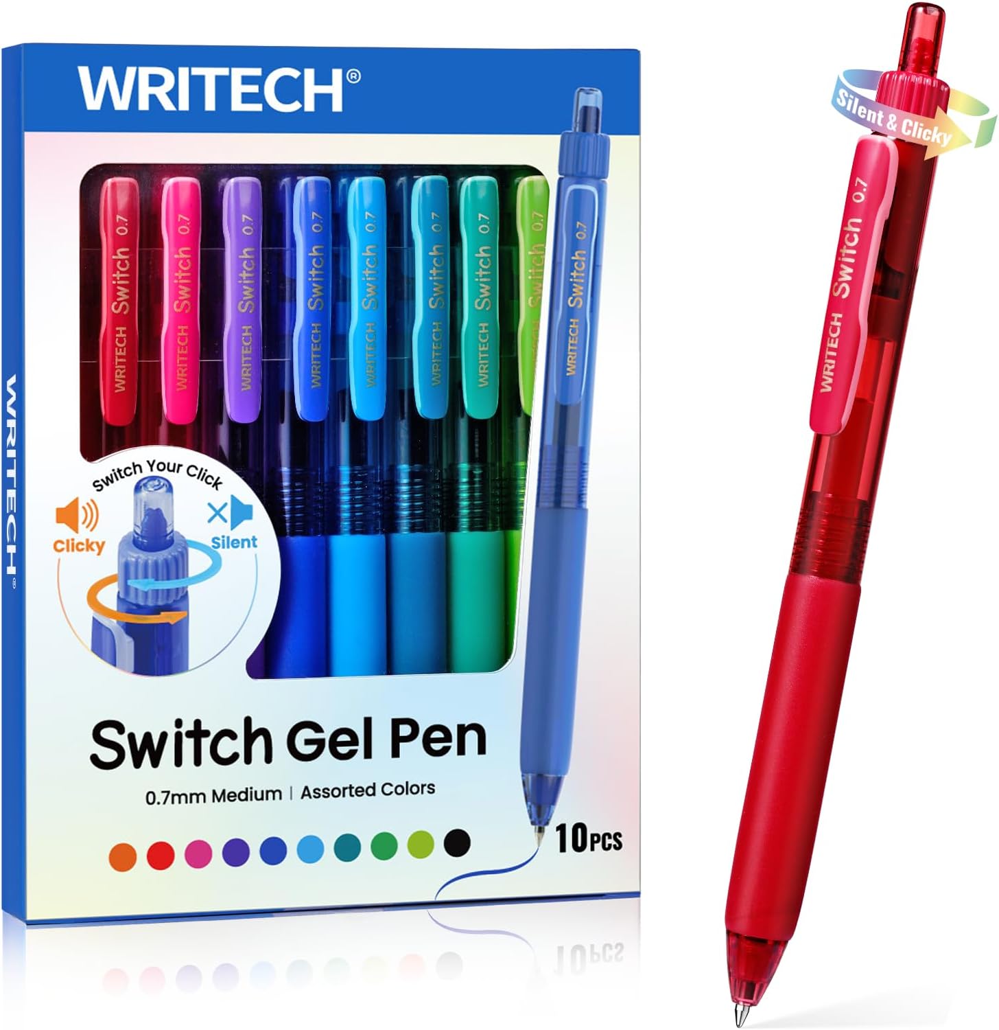 Detalle de WRITECH カラージェルペン 0.7mm 静音・クリック切替、速乾インクの多色セット