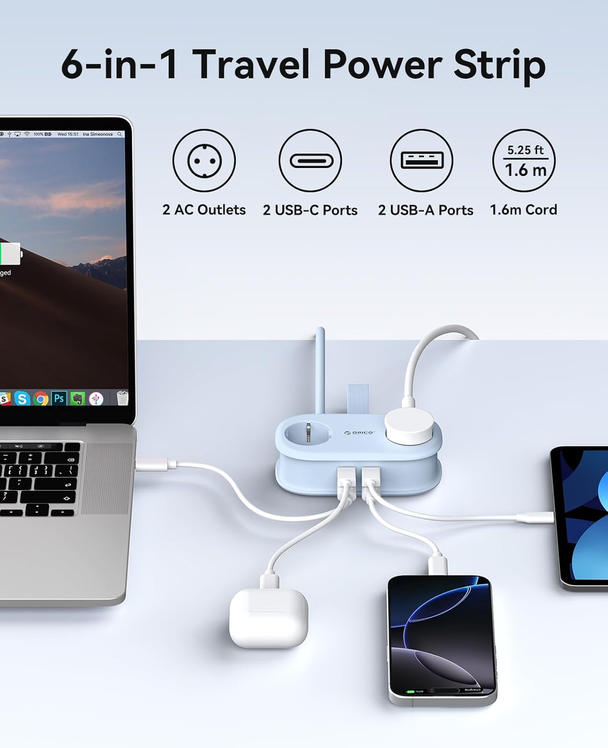 Thumbnail 2 de ORICO 65W GaN Reise-Mehrfachsteckdose mit USB-C – 6-in-1, kompakt und schnellladefähig