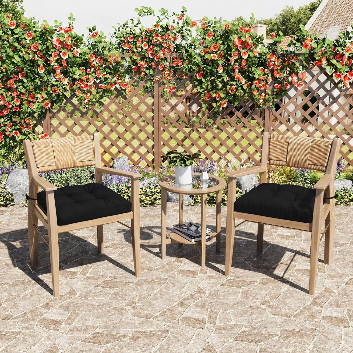 Thumbnail 1 de PRIMEPATIO Outdoor Garden Chair Cushions Set of 2 – 40 x 40 cm, 8 cm Thick, Waterproof with Ties (Black)