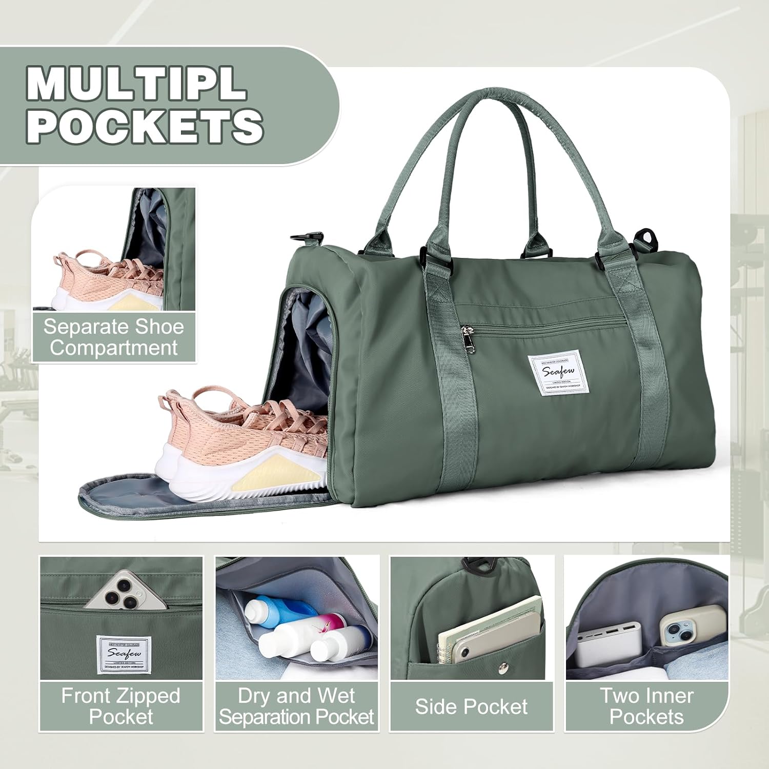 Thumbnail 3 de WEPLAN Waterproof Gym Bag with Wet Pocket and Separate Shoe Compartment – Army Green