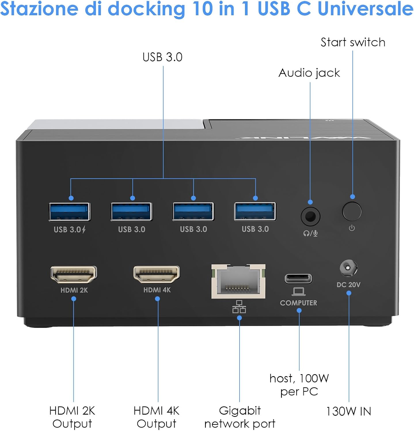 Detalle 2 de WAVLINK Docking station USB-C a due monitor con doppio HDMI, Gigabit Ethernet e 130 W PD