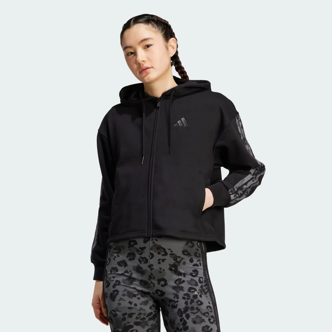 Detalle de Sudadera de felpa con capucha y cremallera Animal Print con 3 bandas de Adidas