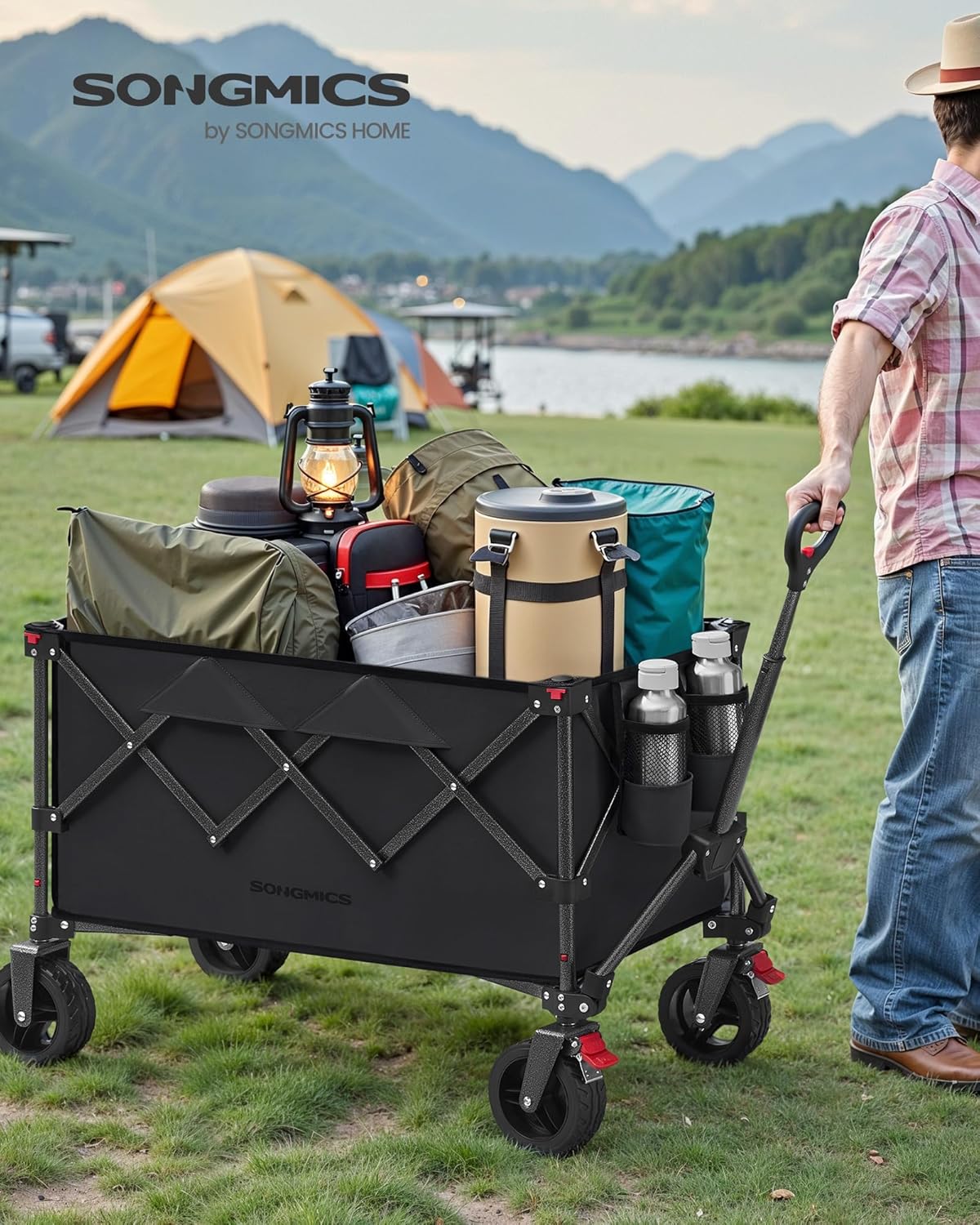 Detalle de SONGMICS Carrello da Campeggio Pieghevole GFW115B01 – Carretto da Giardino 150 L, Portante 150 kg, 4 Ruote Rimovibili