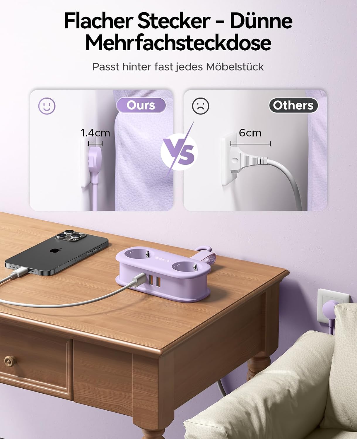 Thumbnail 6 de ORICO Steckdosenleiste mit USB‑C PD 20W (AP3-Lila) – 2 Steckdosen + 3 USB, 1,5 m Kabel