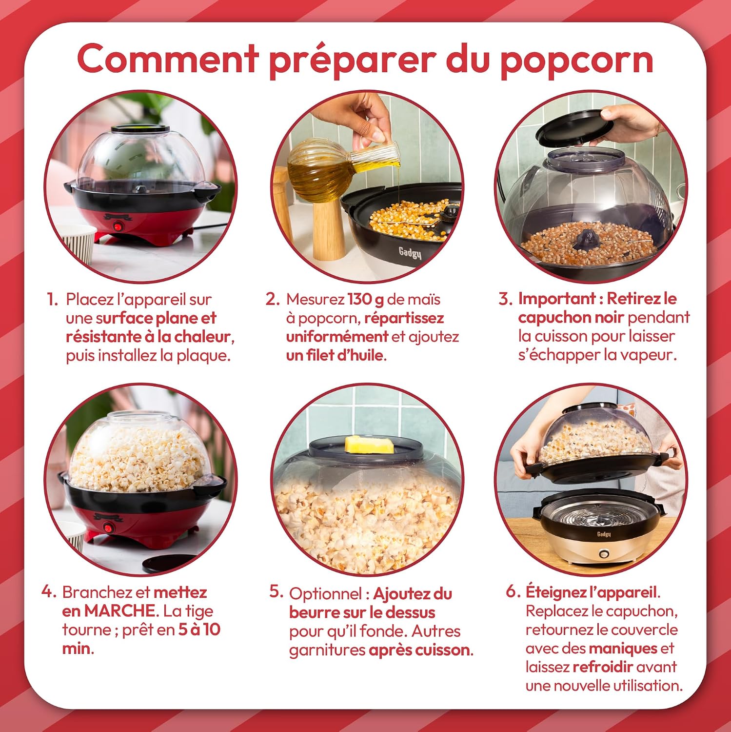 Detalle de Gadgy Machine à Popcorn – Appareil Électrique 800W, 5L pour la Maison et les Soirées Cinéma