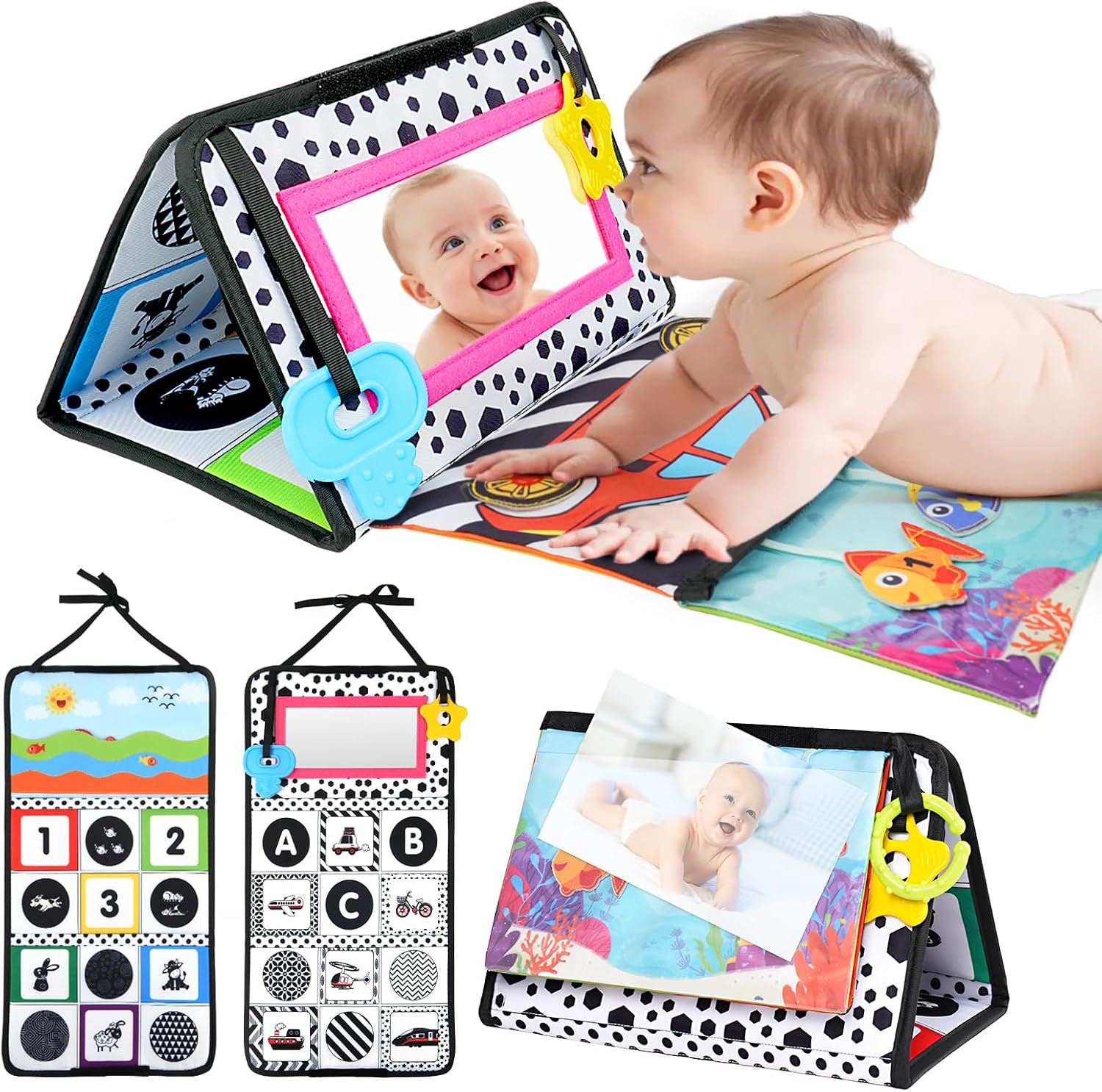 Detalle de Vicloon babyspiegel met knisperboek, opvouwbaar met zachte stof en bijtring