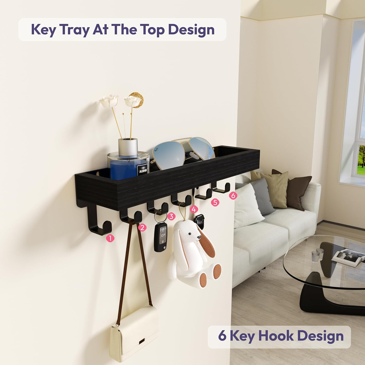 Thumbnail 1 de SWTYMIKI Key Holder with Wood Tray and 6 Hooks