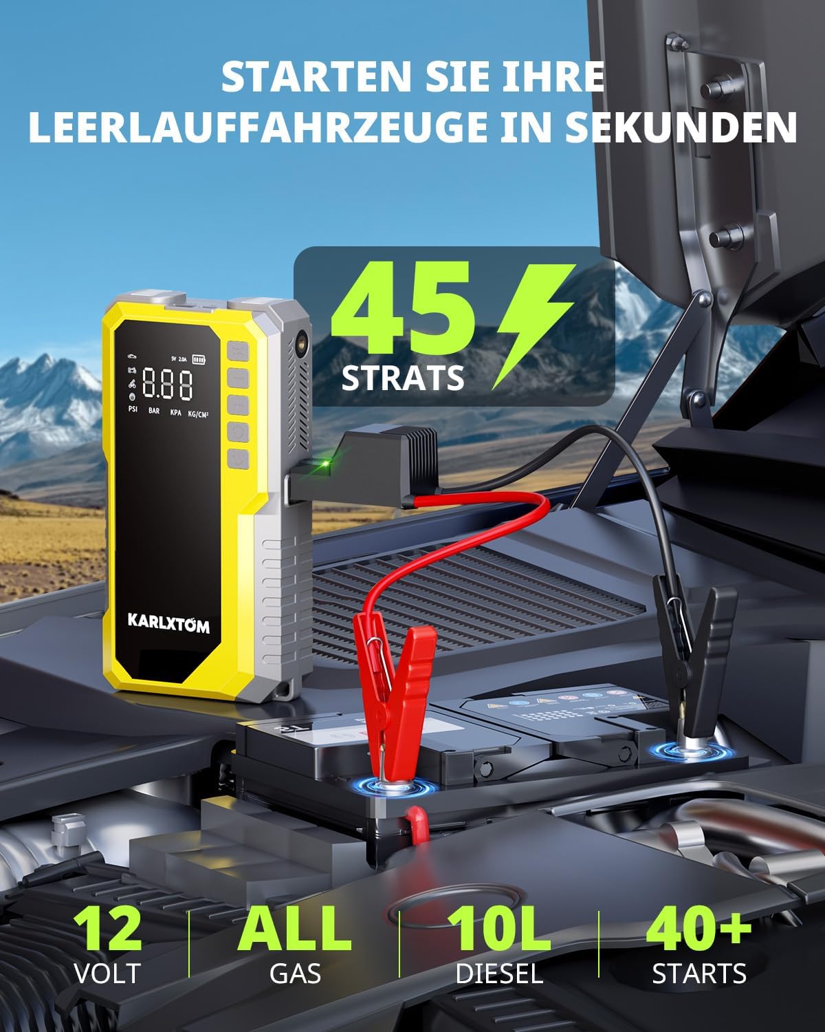 Detalle de Karlxtom Starthilfe Powerbank mit 4500 A, 190 PSI Kompressor, 88 Wh & LED-Licht