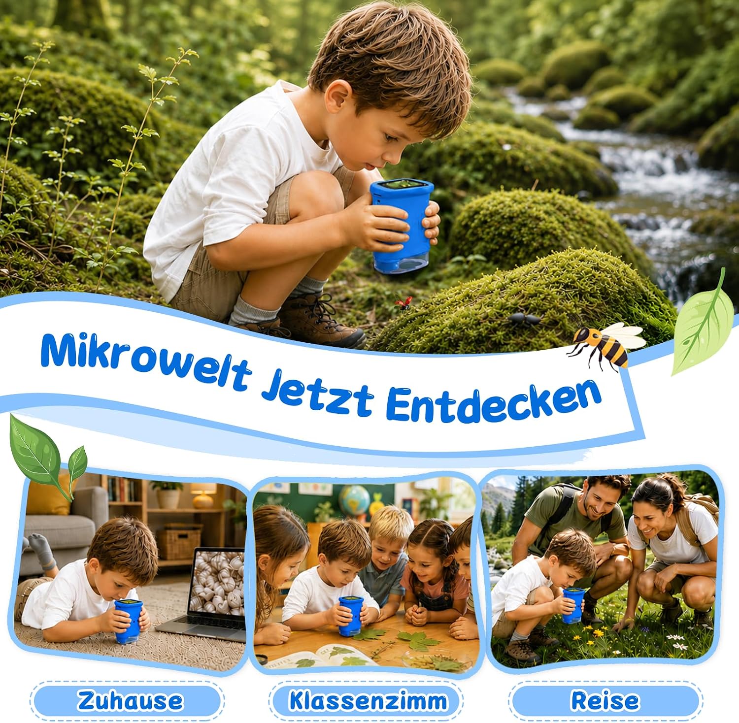 Detalle de ASPOVEN Digitales Mikroskop für Kinder 1000X – 2 Zoll HD Display, 8 LED Beleuchtung, Foto & Video